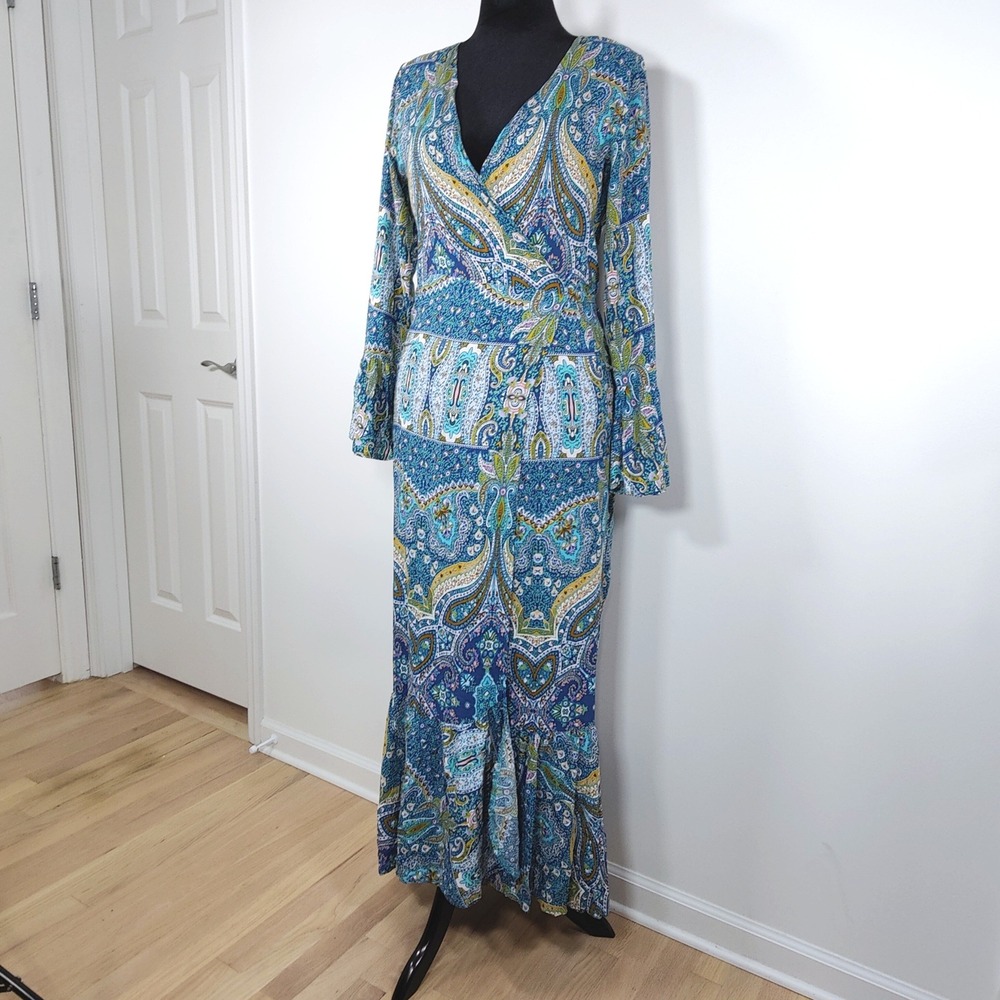 R. Vivimos Paisley Wrap Maxi Dress Blue Boho Resort Bell Sleeve M US 8/10 - Picture 2 of 7